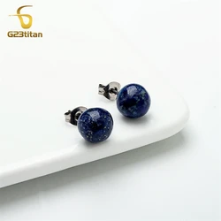 Surgical Titanium Piercing Jewelry Natural Blue Lapis Lazul Bead Semi Precious Stone Earrings Women Men Ear Studs Accesories