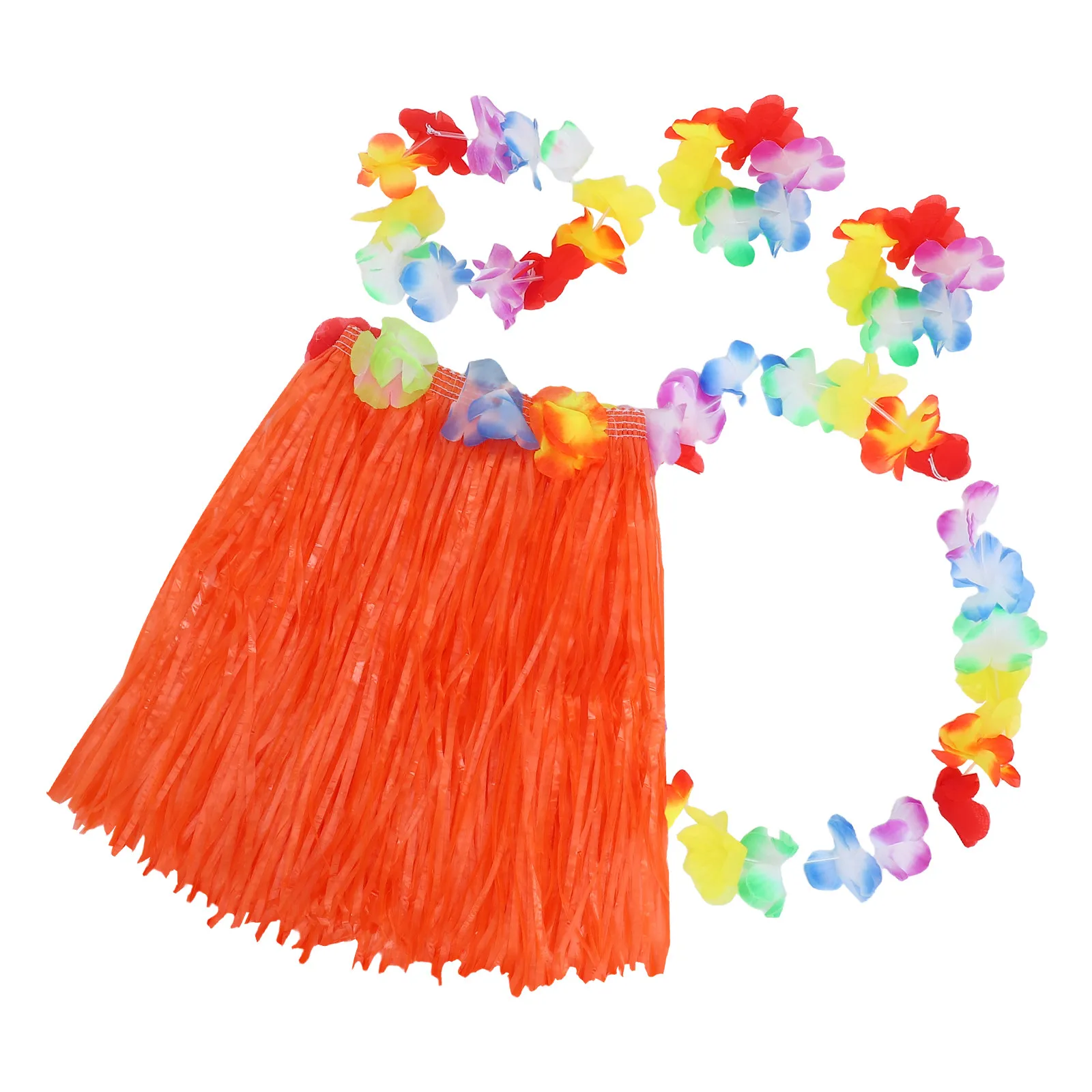Accesorios Hawaianos para Niñas, Conjunto de Falda Luau con Diadema, Guirnalda para el Cuello, Pulseras, Disfraz para Fiesta Tropical en la Playa, Talla Infantil, Naranja