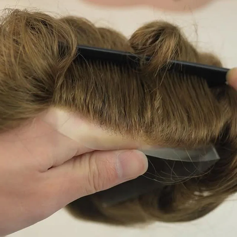 Undetectable European Men 0.06mm Skin Base Human Hair Wigs Replacement Caramel Brown 30mm Wave Durable Natural Hairline Toupee