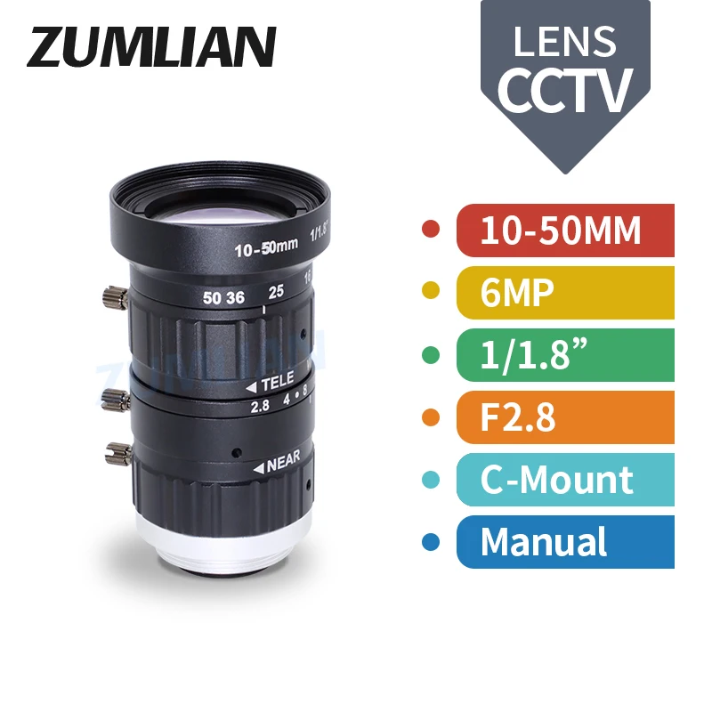 ZUMLIAN 10-50mm Varifocal Lens CCTV 1/1.8'' CMOS Sensors 6MP C-Mount Lens F2.8 Manual Iris for Surveillance Cameras