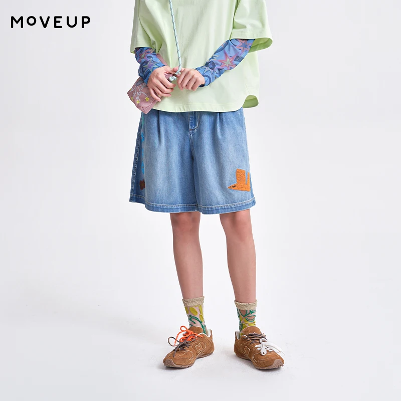 

Женские джинсовые шорты MOVEUP с вышивкой цветов и птиц, на резинке сзади, светло-голубые, повседневные, широкие, 3ELC40305