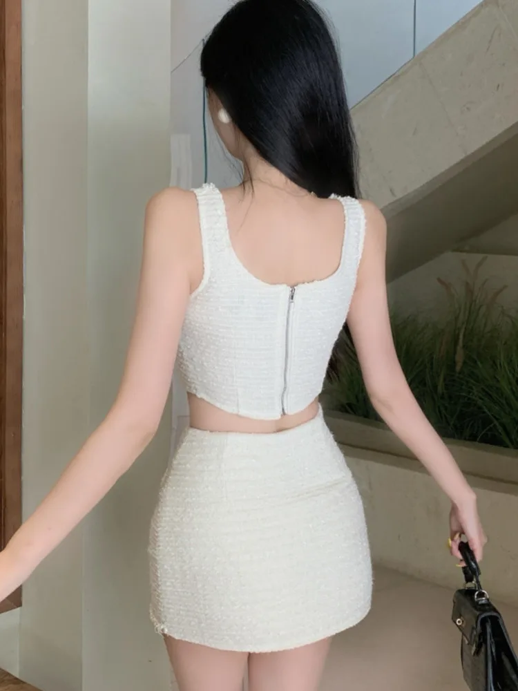 High Street Fashion Luxury Beading Small Fragrance Two Piece Set Women Sweet Top + Skirt Suits Korean Hotsweet Sexy 2 Piece Sets