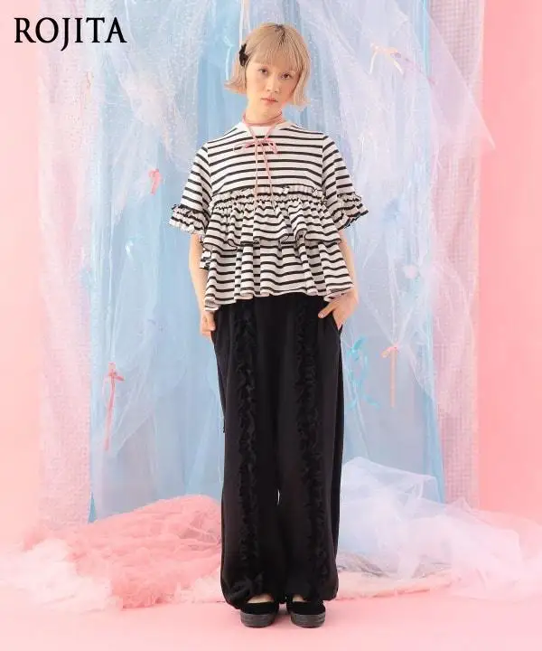 Original Japanese Striped Ruffle Leaf Edge T-shirt Summer New Fashion Loose Casual T Shirt Kawaii Sweet Short-sleeved Tshirts