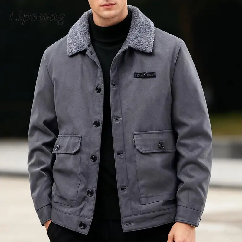 

Осенне-зимние теплые куртки на флисовой подкладке, мужские винтажные куртки на пуговицах с отложным воротником, пальто, мужские уличные повседневные пальто, верхняя одежда