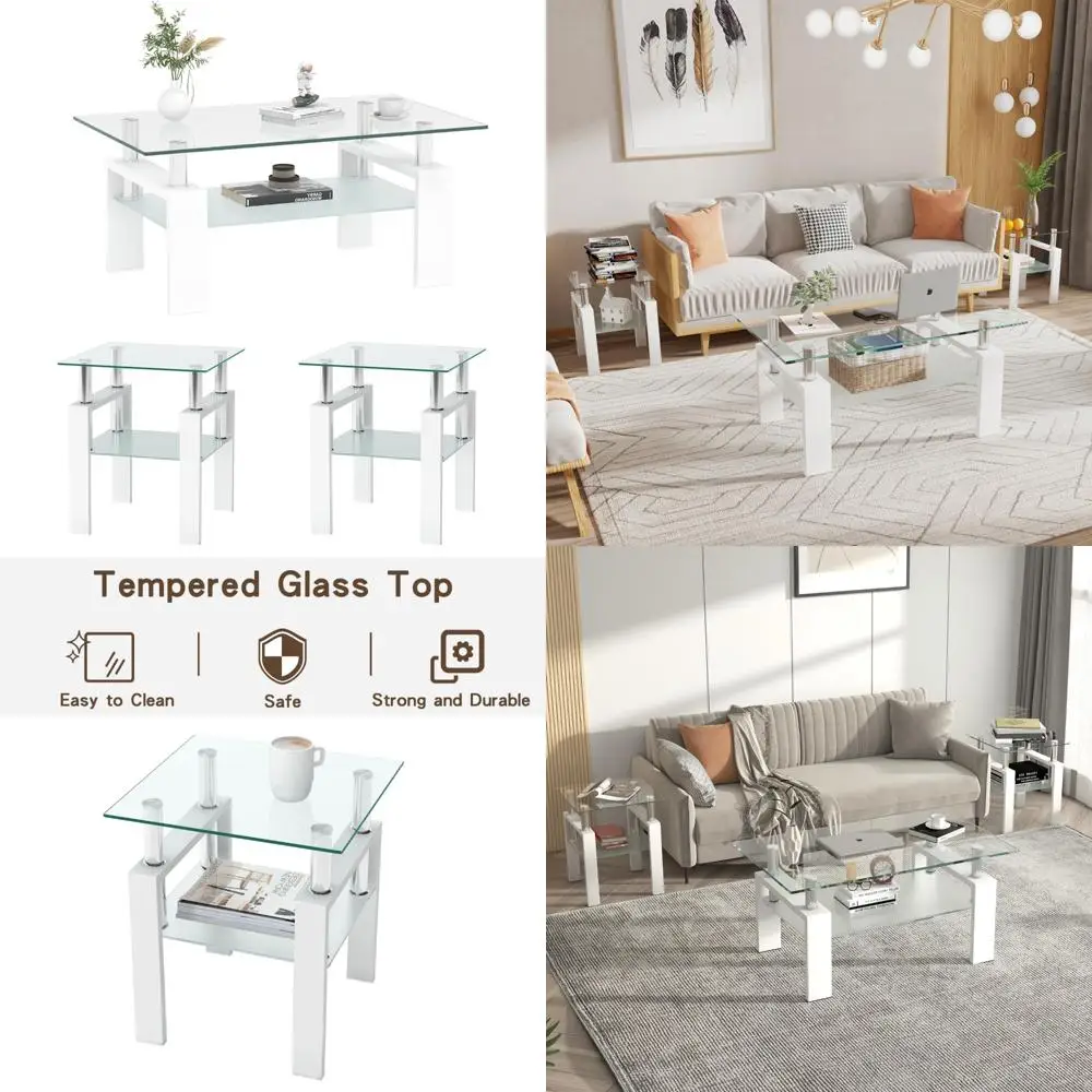

Contemporary Glass Coffee and End Table Trio, Living Room Furniture with Tempered Glass Tops and Metal Frames, Double-Layer Desi