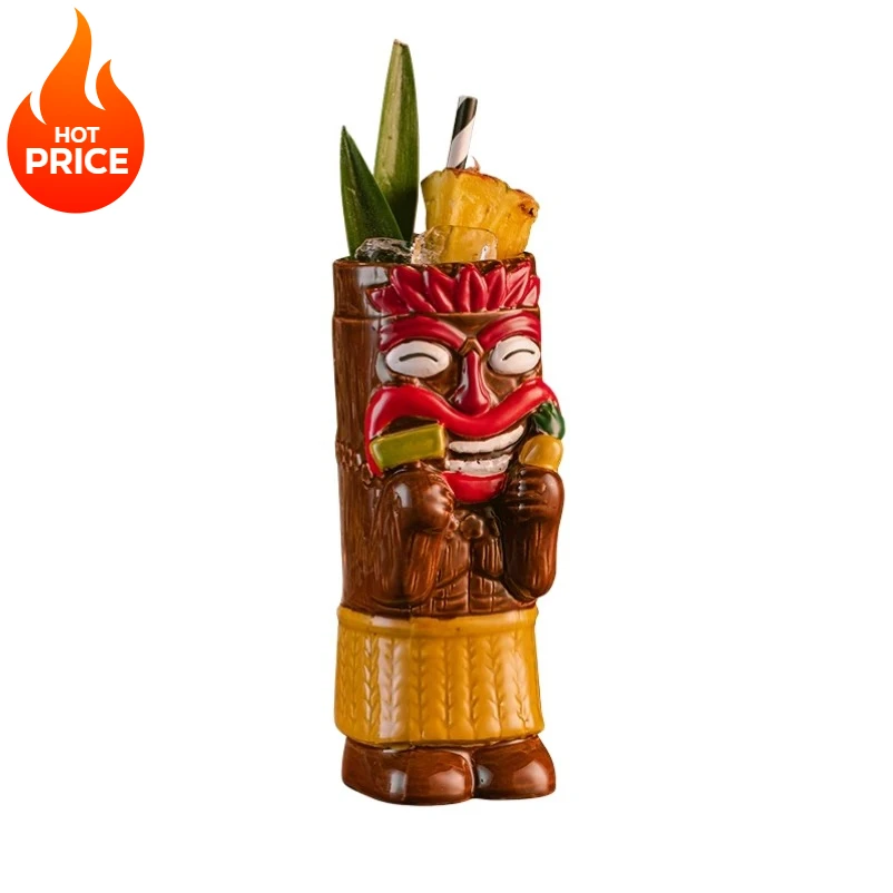 مجموعة أكواب هاواي تيكي - كوب كوكتيل زومبي من السيراميك البني لحفلات بار تيكي، أدوات مشروبات استوائية بتصميم إبداعي
