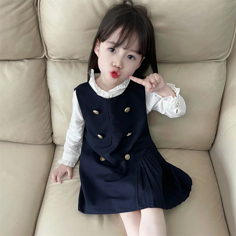 2024Autumn New Children\'s Clothing Girls\' Preppy Style Dress Korean Style Children Western Style Shirt Skirt Two-Piece Set