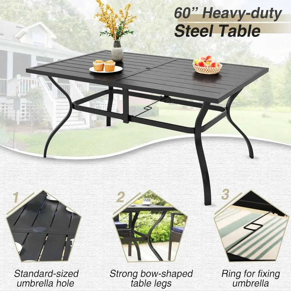 7 Piece Patio Dining Furniture Set, 60” Rectangular Metal Dining Table & 6 Cushioned Rattan Wicker Chairs ,Garden Furniture Sets image 3