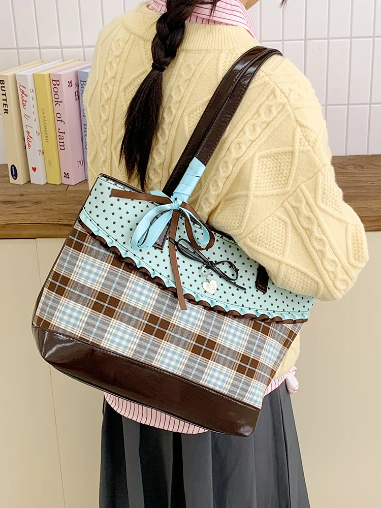 

Корейская женская сумка через плечо 2025: Новая ретро-повседневная сумка-тоут в клетку для города