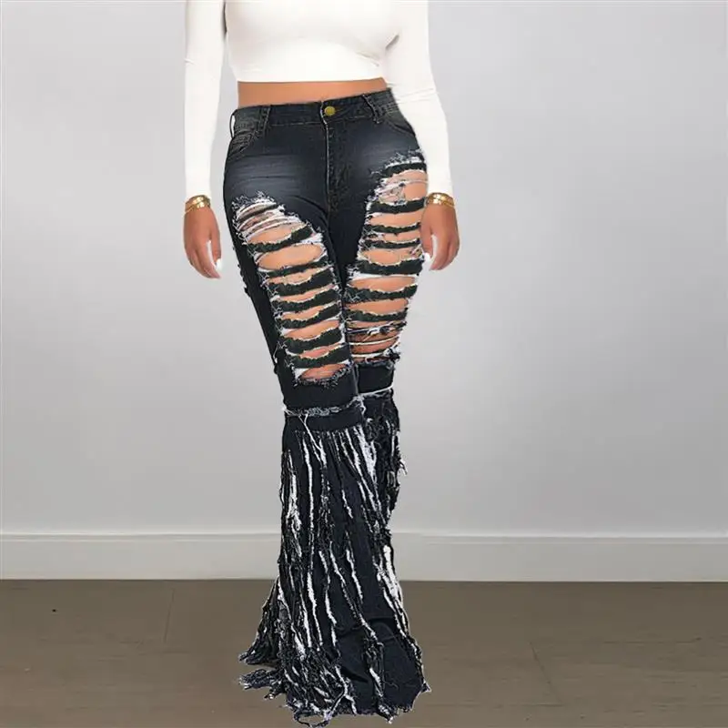 Celana Jeans Wanita PT7063 Model Bell Bot Pinggang Tinggi dengan Lubang dan Rumbai, Gaya Fashion Cross-Border, Pakaian Wanita