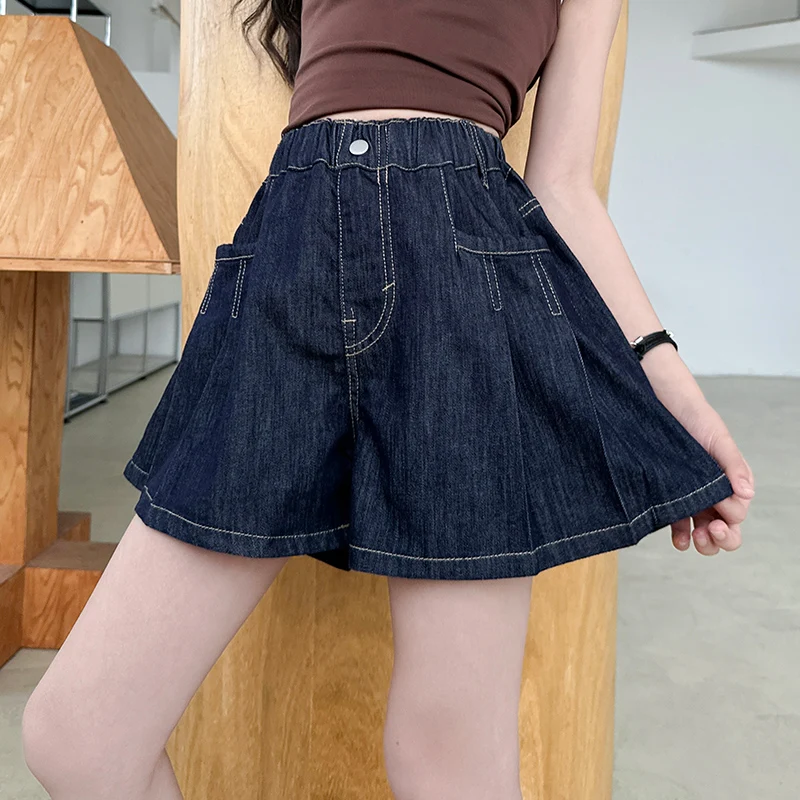 

Kids Child Luxury Design Summer Navy Blue Denim Shorts for Teenage Girls Solid Color Vintage Mini Jeans Pants Pleated Shorts