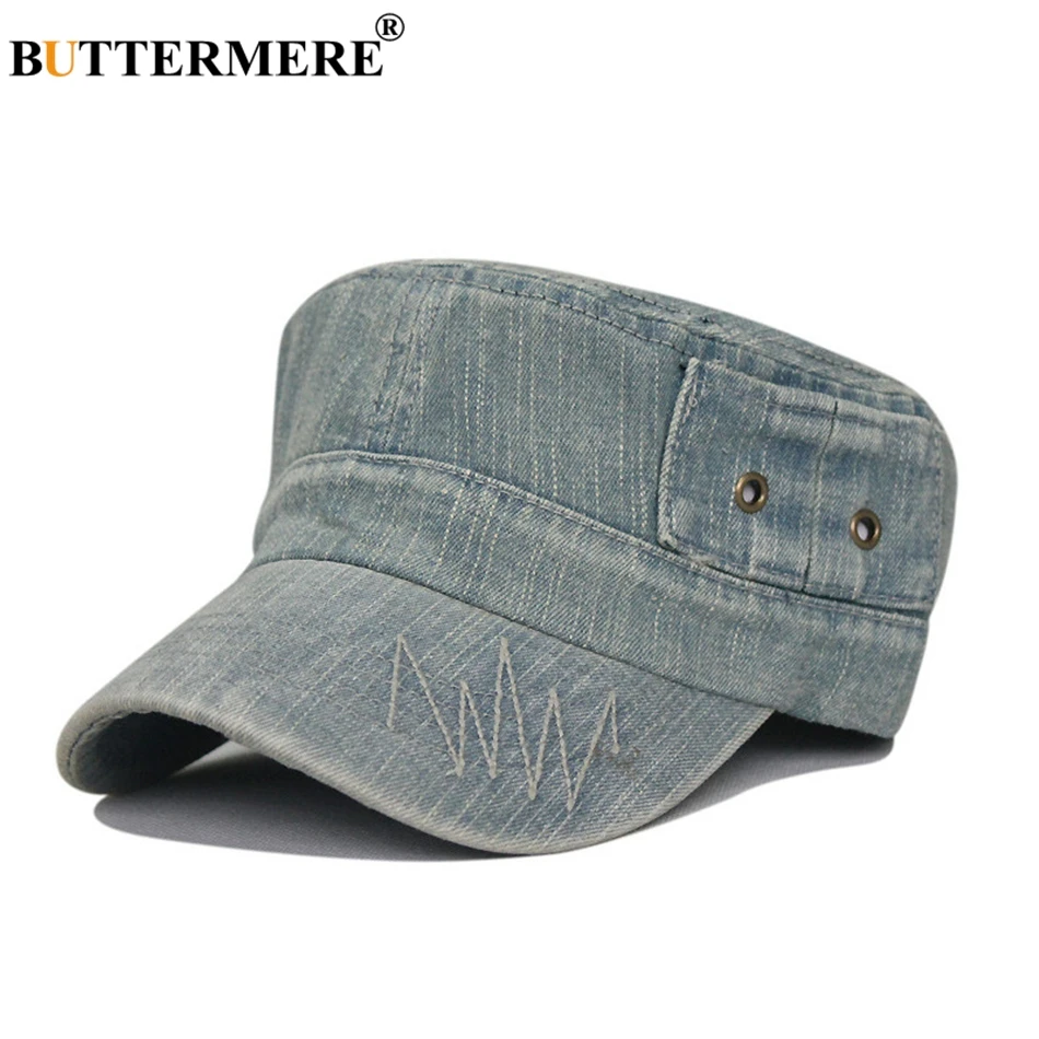 BUTTERMERE Army Hats Denim Mens Vintage Spring Summer Baker Boy Hat Male Casual Flat Top Jeans Beret Military Caps And Hats