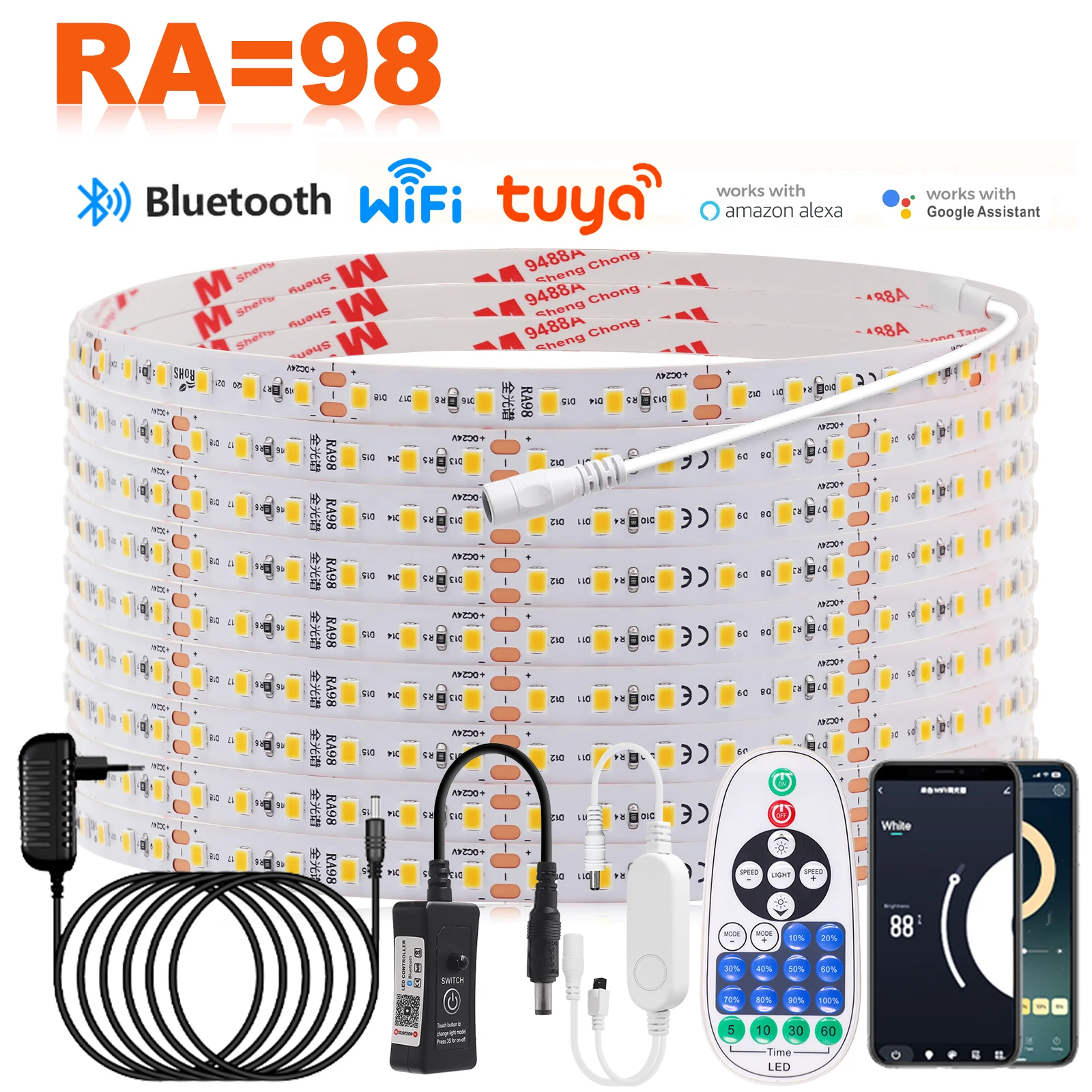 12V 24V 2835 LED Strip Tuya Wifi Bluetooth Remote Controller Power Kit 2700K 3000K 3500K 4000K 5000K 6000K RA98 Flexible Tape