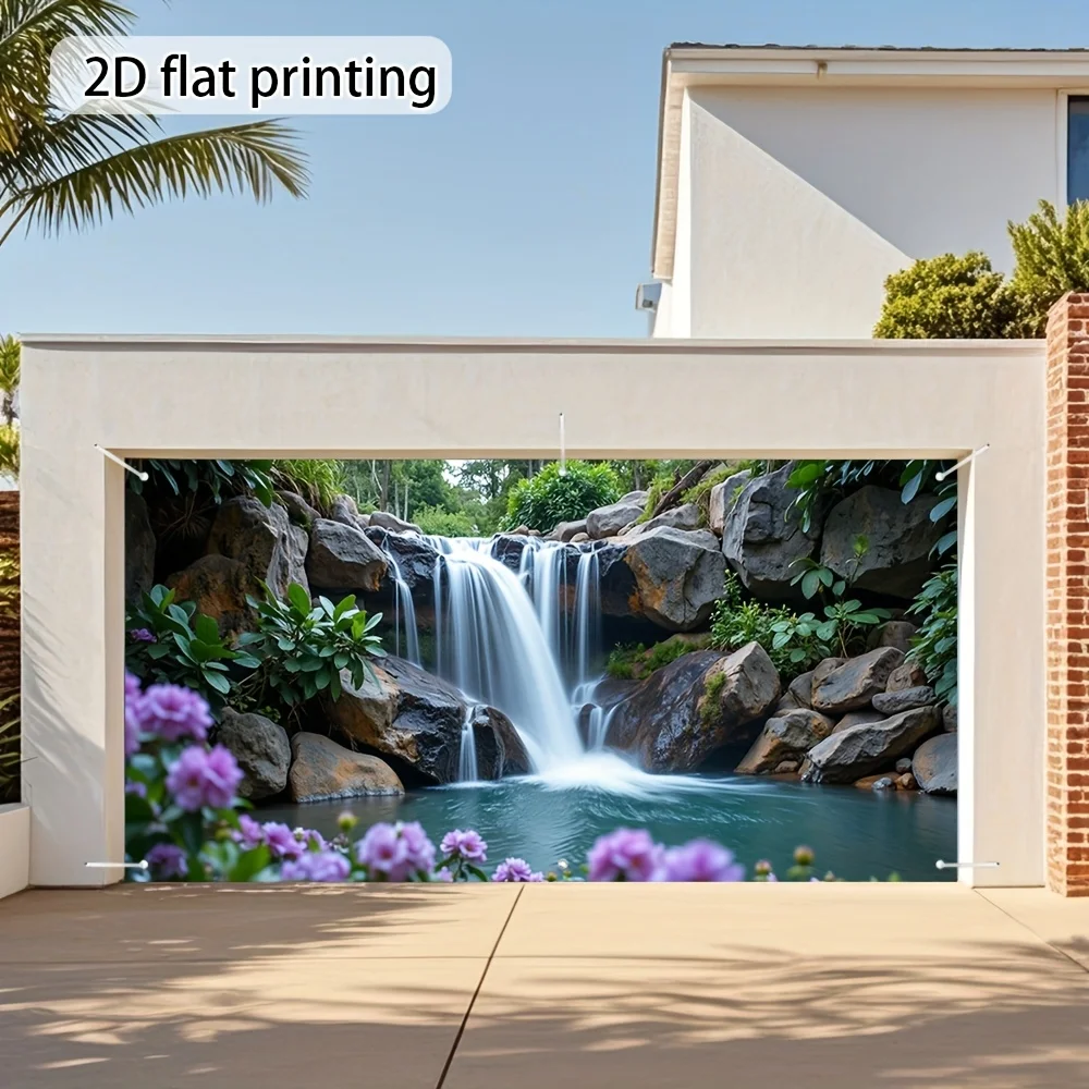 1pc landscape waterfall and flower garage door polyester banner, outdoor decoration, garden party, festival event
