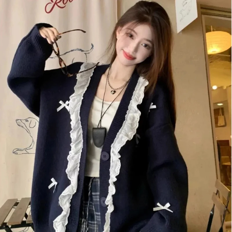 

Women Navy Sweet Knit Sweater Bow Lace Patchwork Long Sleeve Cardigan V Neck Harajuku Y2K Casual Lazy Top Preppy Coat