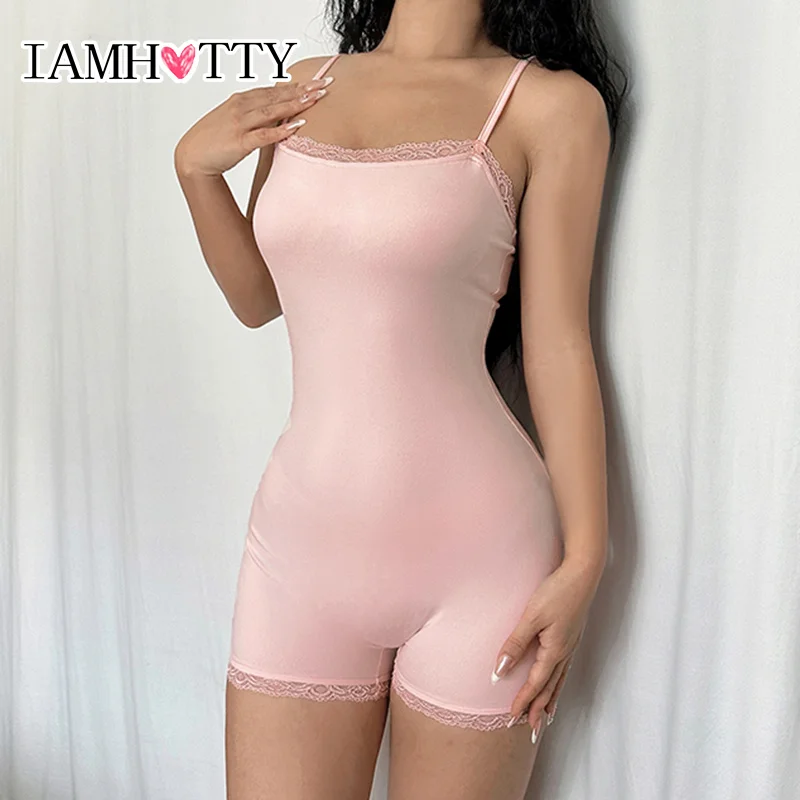 IAMHOTTY Y2K Lace Patchwork Sleeveless Jumpsuit Shorts Women Casual Basic Slim-fitting Rompers Coquette Aesthetic Playsuits Sexy