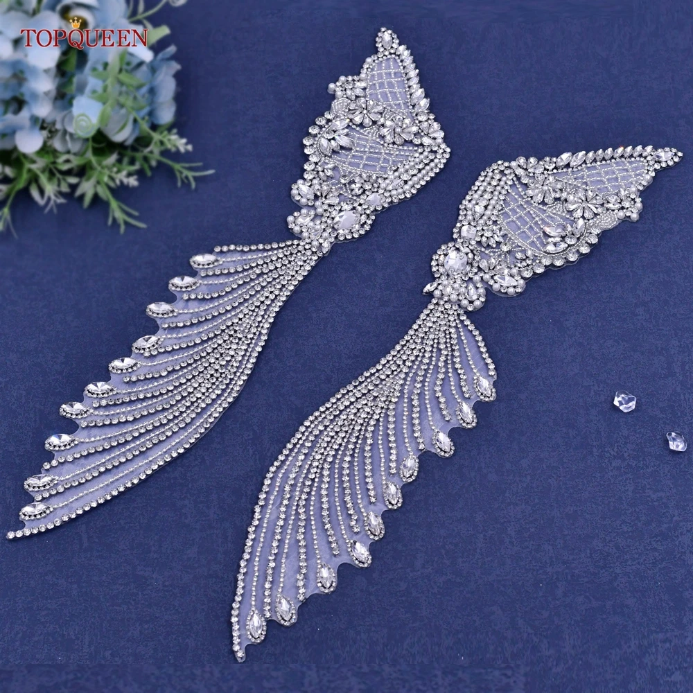 TOPQUEEN 3D Rhinestone Decal Pair Crystal Bead Handmade Patch French Bodice Applique Heavy Decal Wedding Set DIY SP55