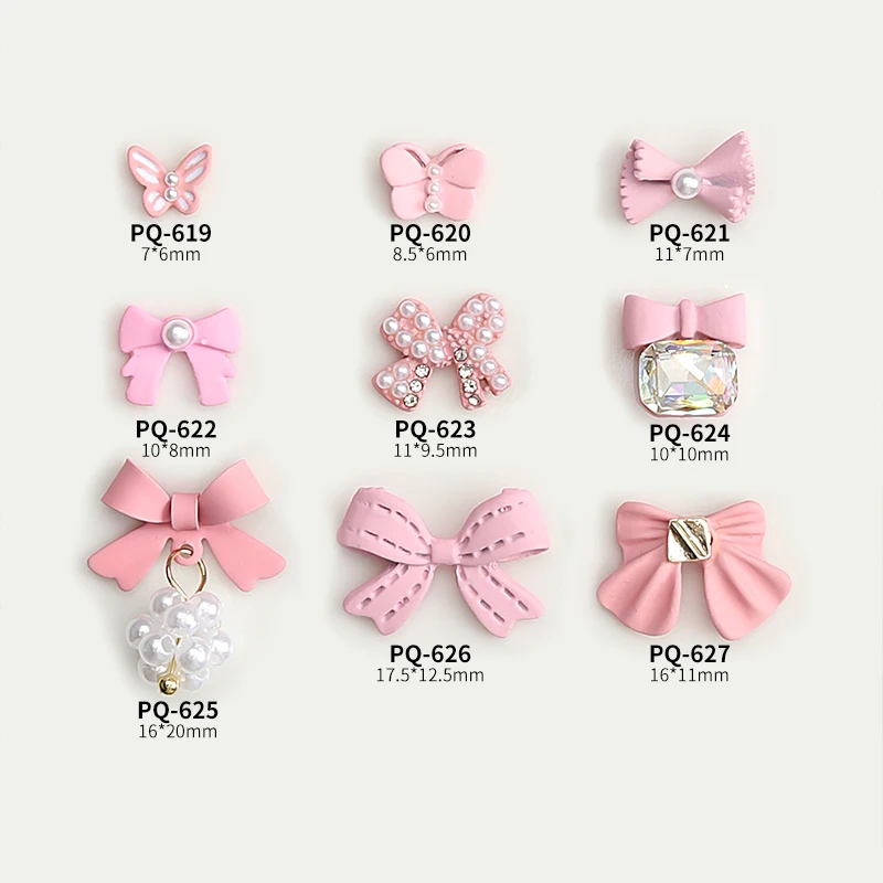 10Pcs Pink Bowtie/Butterfly Nail Alloy Charms Jewelry Cute Nail Art Multi-Shapes Designs Charms Pearl Rhinestones For Decor