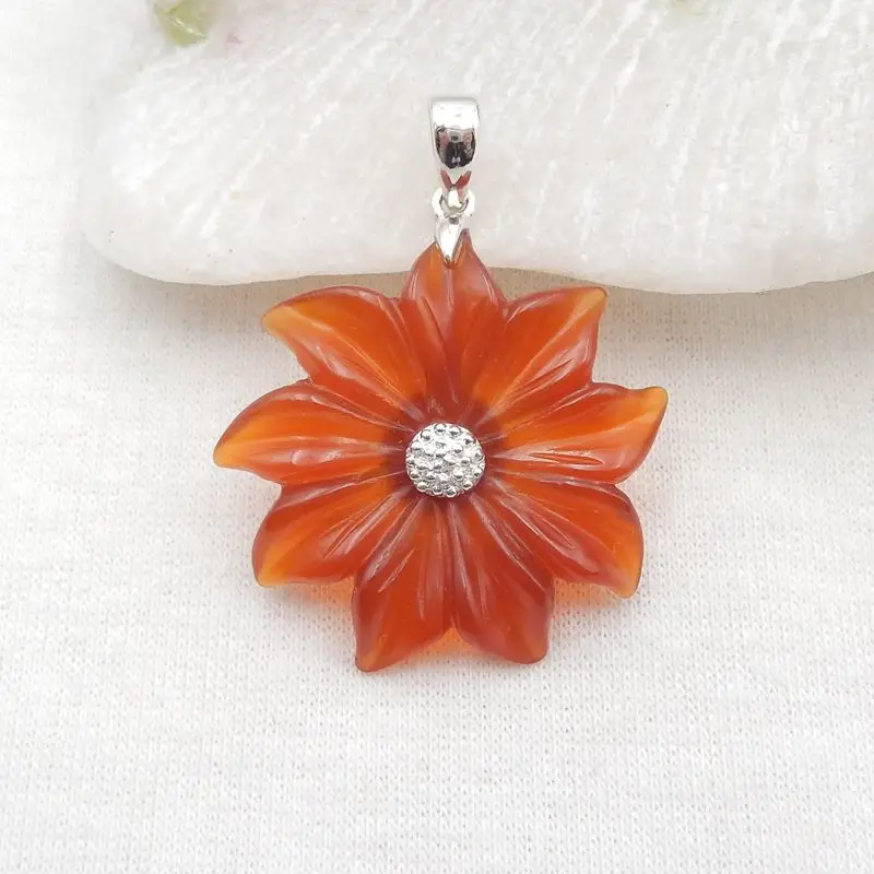 Semiprecious Natural Stone Red Agate Carved Flower With 925 Silver Pendant 30x5mm 4g Fashion Jewelry Necklaces Accessories