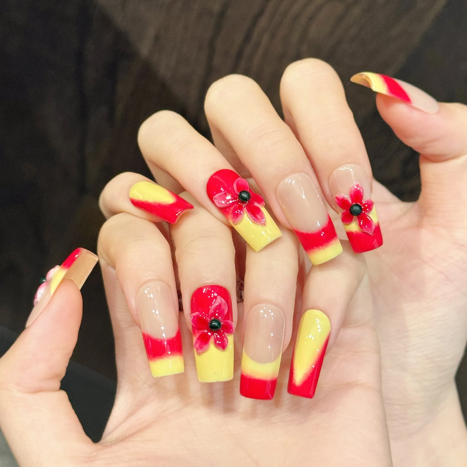 10pcs Handmade Long Stiletto Press On Nails Red Yellow 3D Carving Flower Design Summer Fake Nails Wearable Nails Art Spice Girls
