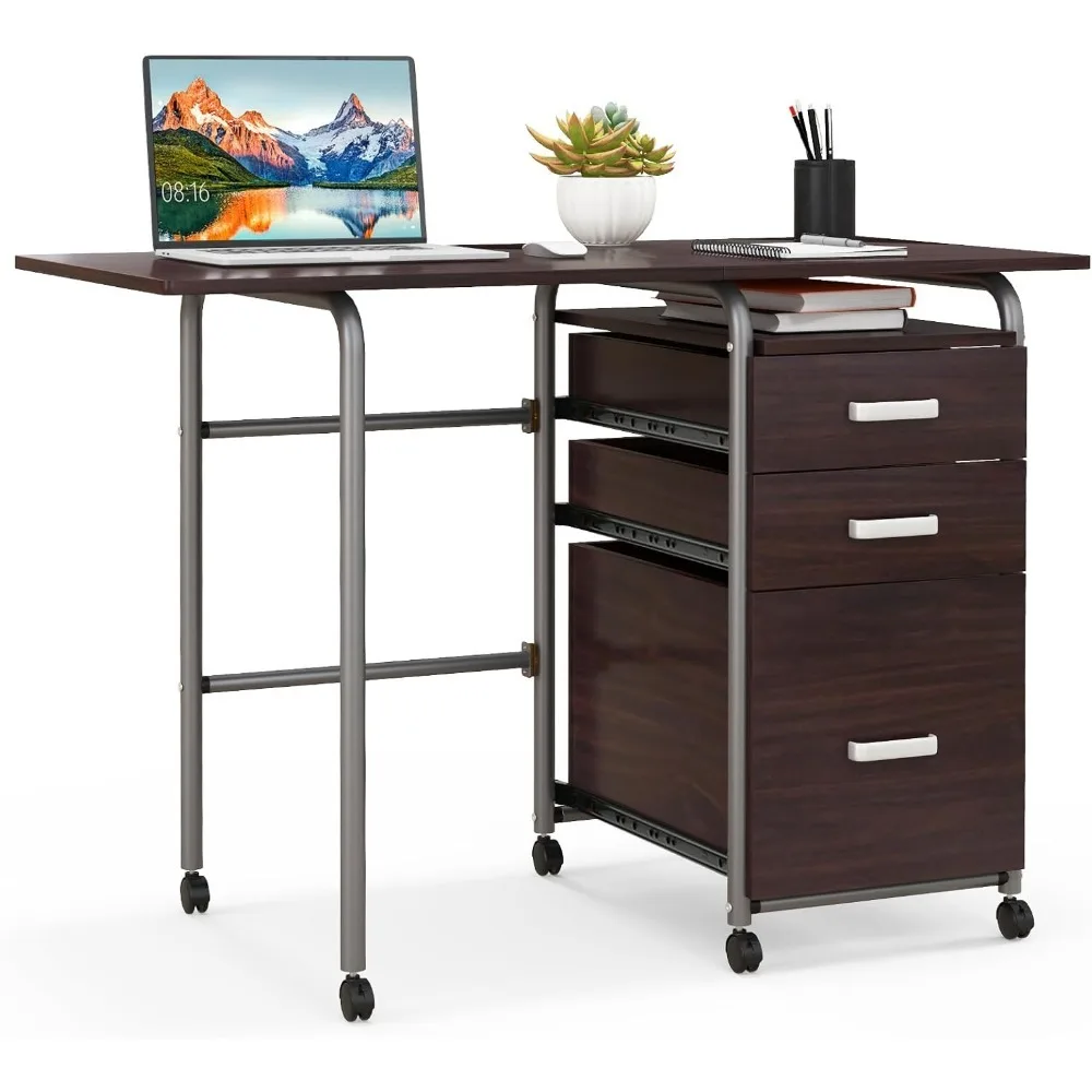 Folding Desk for Small Space, Rolling Home Office Desk with 3 Drawers & Lockable Universal Wheels, Mobile Study Writing