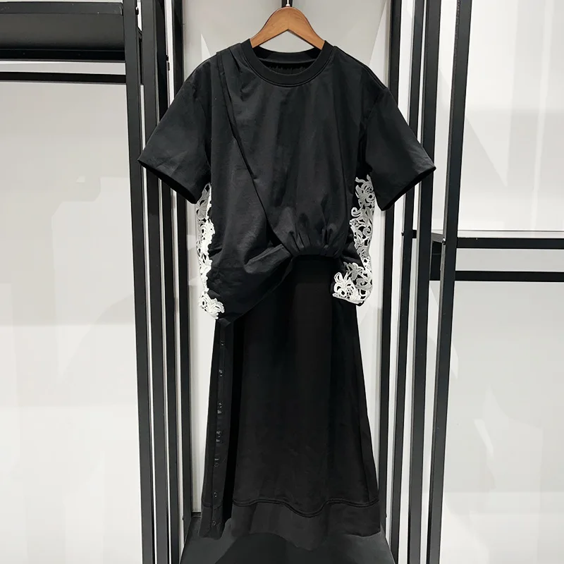 Nicho 2025 primavera/verão férias duas cores contrastantes rendas floral tripulação pescoço retalhos cetim vestido elegante y2k