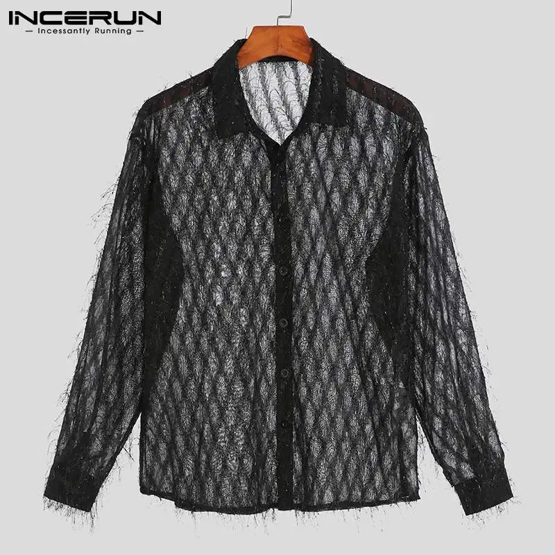 INCERUN Tops 2024 Korean Style Men\'s Solid Long Sleeve Shirts See Through Blouse Fashion Male Sexy Leisure Party Nightclub S-5XL