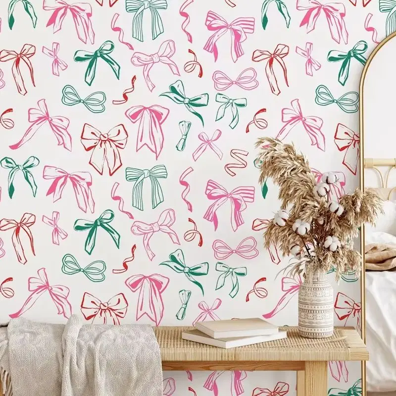 Playful Bow Pattern Wallpaper Peel And Stick. Colorful Ribbon Bow Wall Mural For Room Decor, Self-adhesive Or Traditional Papers