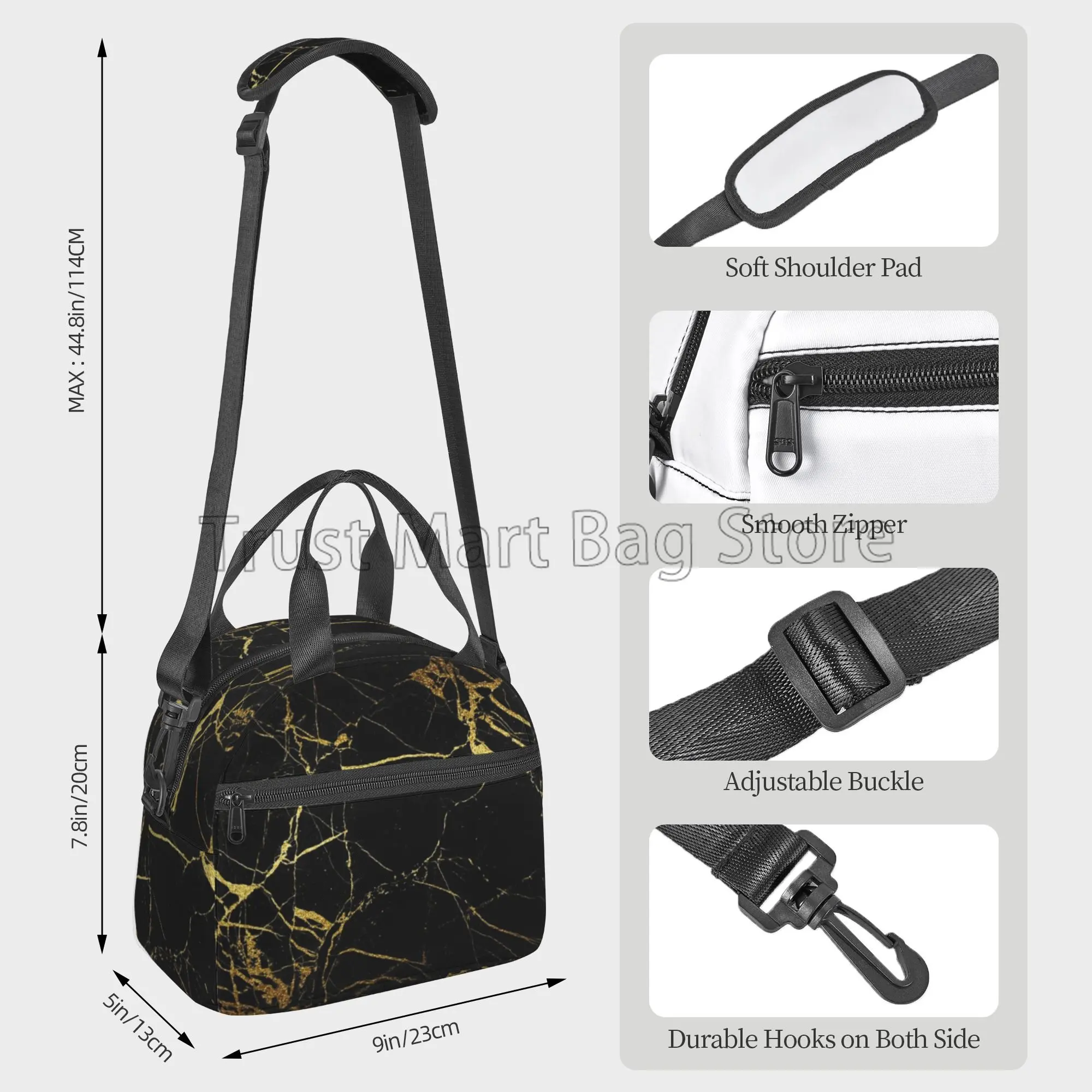 Black Gold Marble Lunch Bag Adults Insulated Lunch Box with Adjustable Shoulder Strap Reusable Cooler Tote for Work Picnic Beach