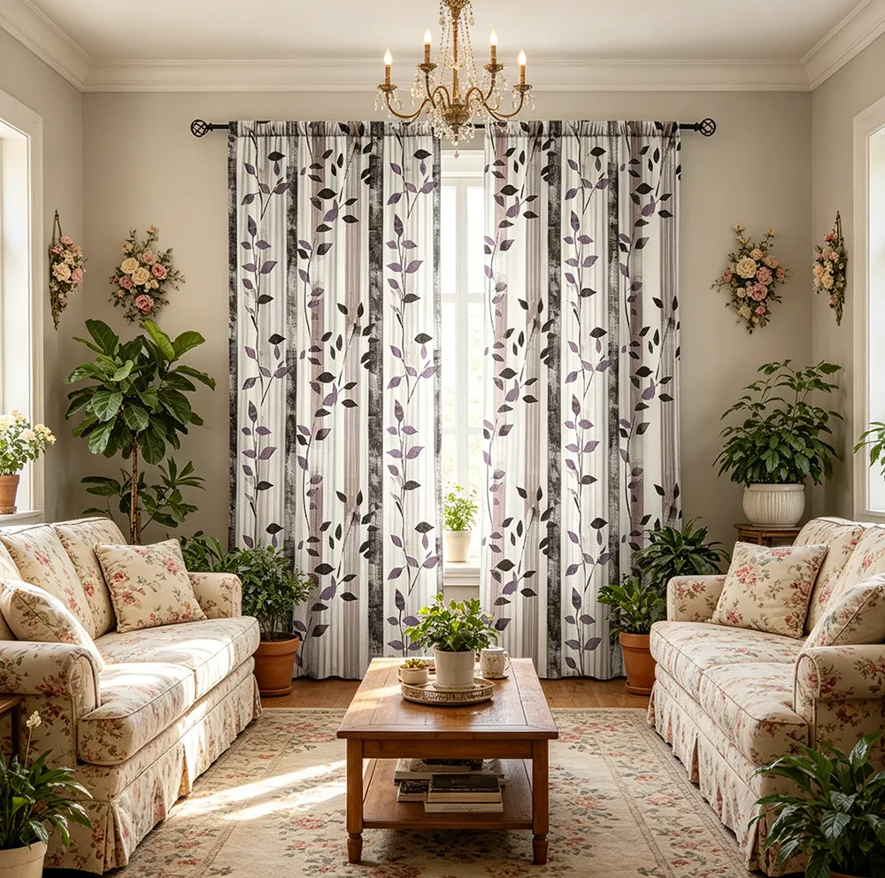 2PCS Digital Printed Curtains, Striped Purple Leaves Pattern, Beautiful Window Drapes for Living Room Bedroom Home Decor