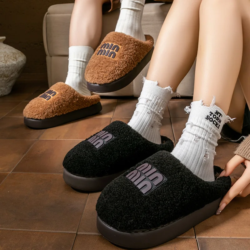 Thick Platform Winter Slippers Women Men Warm Plush Fleece Indoor Shoes Non-Slip Soft Sole Furry Home Cotton Mules Fuzzy Slides