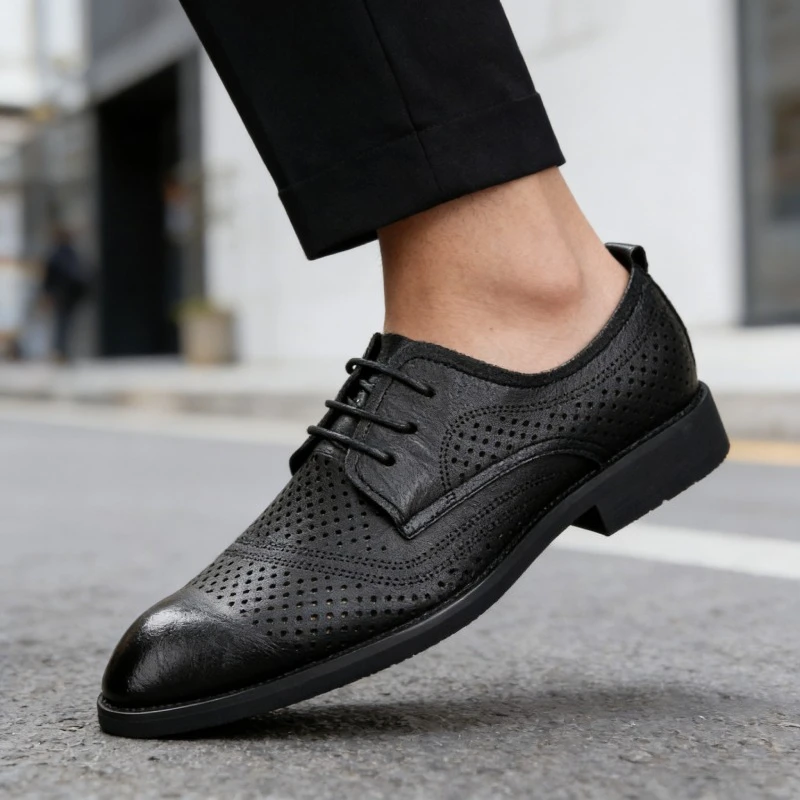 Summer Breathable Pointed-toe Leather Shoes for Men Soft Sole Black Wedding Shoes for Young People Business Casual Men's Shoes