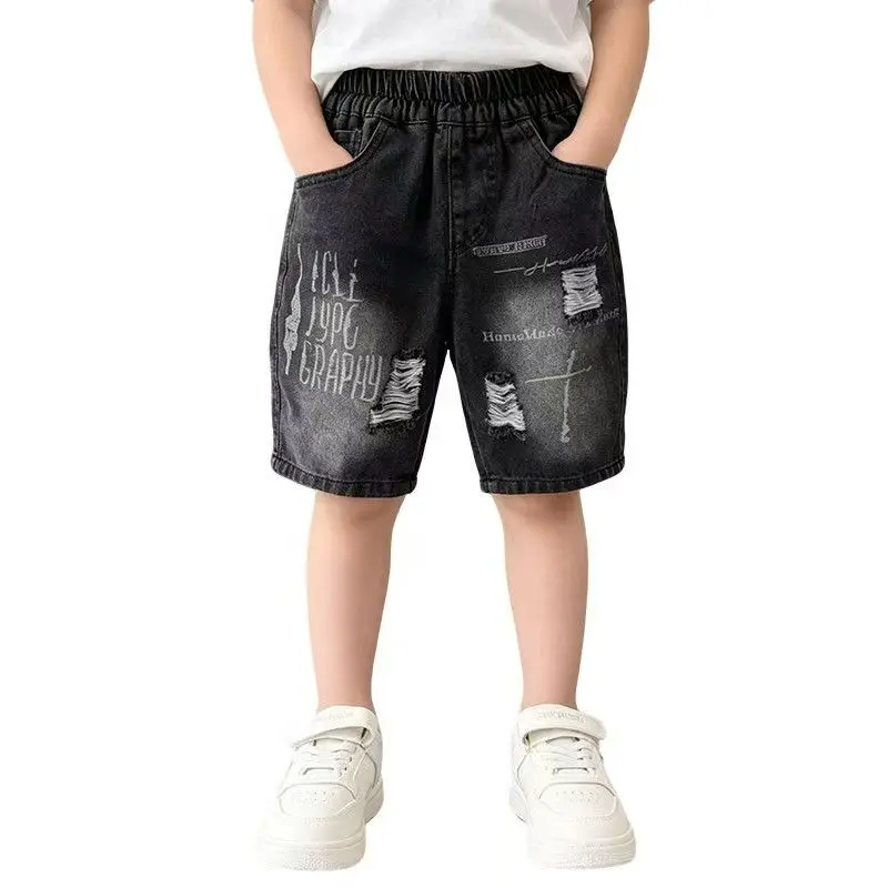 Summer Teenager Kids Boy Black Ripped Denim Shorts with Letters Children's Streetwear Casual Stylish Age 2-11 Years Old