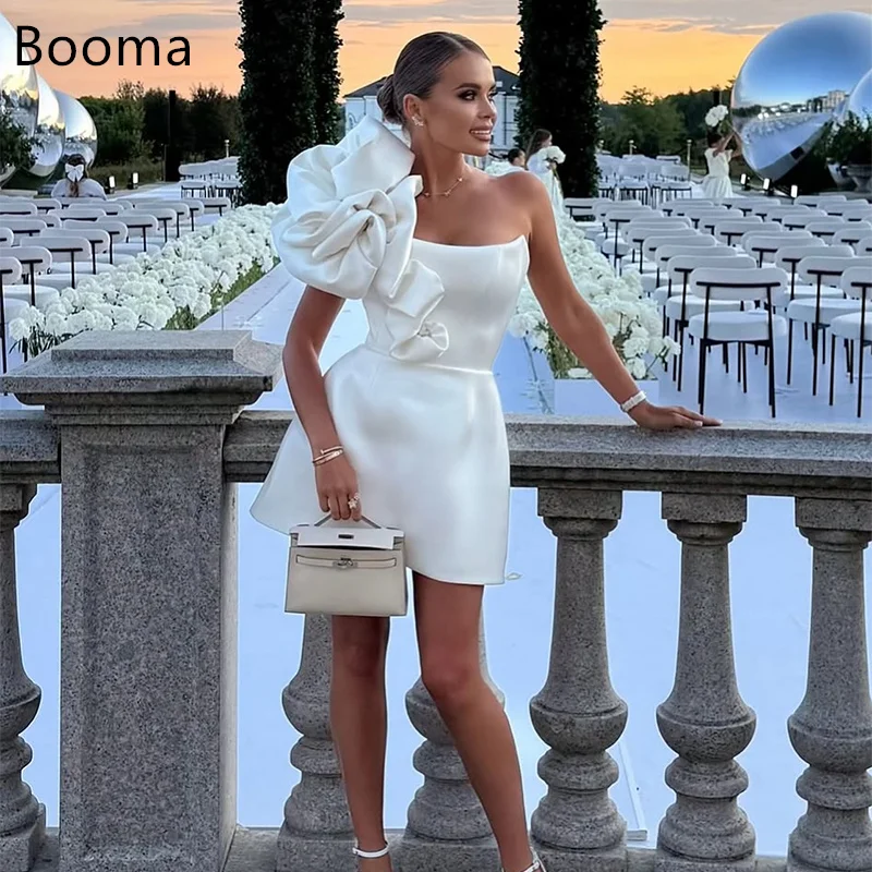 

Booma Simple Mermaid One-Shoulder Pleat Flower Wedding Dresses Short Sleeveless Satin Elegant Brides Gown Custom Made 2025