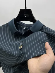 2024 Summer Fashion Stripe Jacquard Men's Polo Shirt Short sleeved Light Luxury Brand Ice Silk Traceless Casual lapel T-shirt