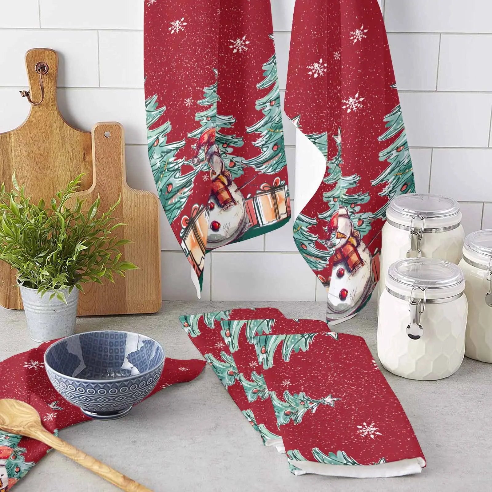 Christmas Tree Gift Snowflake Snowman Printed Tea Hand Towel Kitchen Dishcloth Water Absorption Household Cleaning Cloth