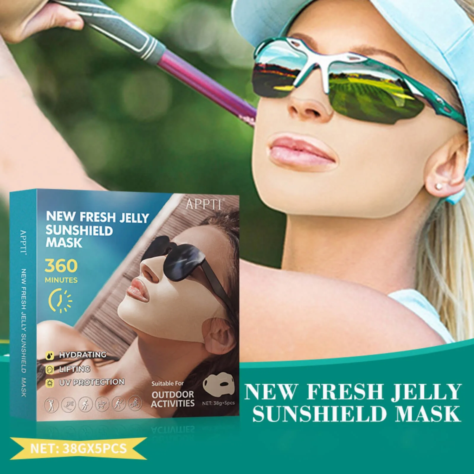 5 Counts Beach Bath Sun Face Mask Golf Sunscreen Patch Outdoor UV Care Mask Hydrating Gel Skin Care Mask Lifting Collagen Mask