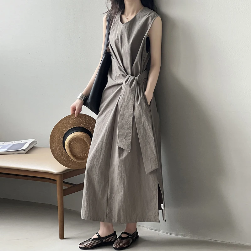 Johnature Casual Waist-cinching Strappy Sleeveless Korean Dress 2024 Summer New Design Tea Break French A-line Women Dresses