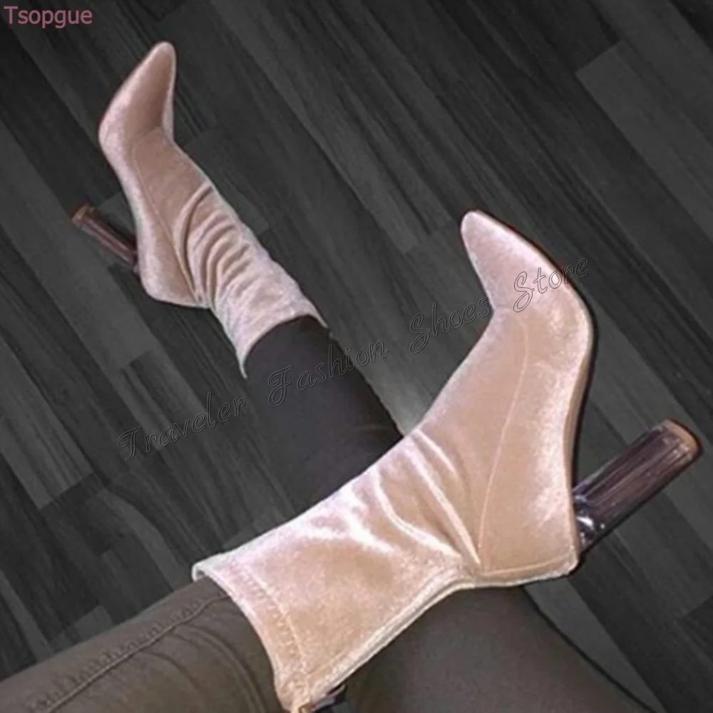 Pink Back Zipper Pointed Toe Boots Transparent Heel Mid Calf High Heel Shoes for Women Sexy Heels 2024 New Zapatos Para Mujere