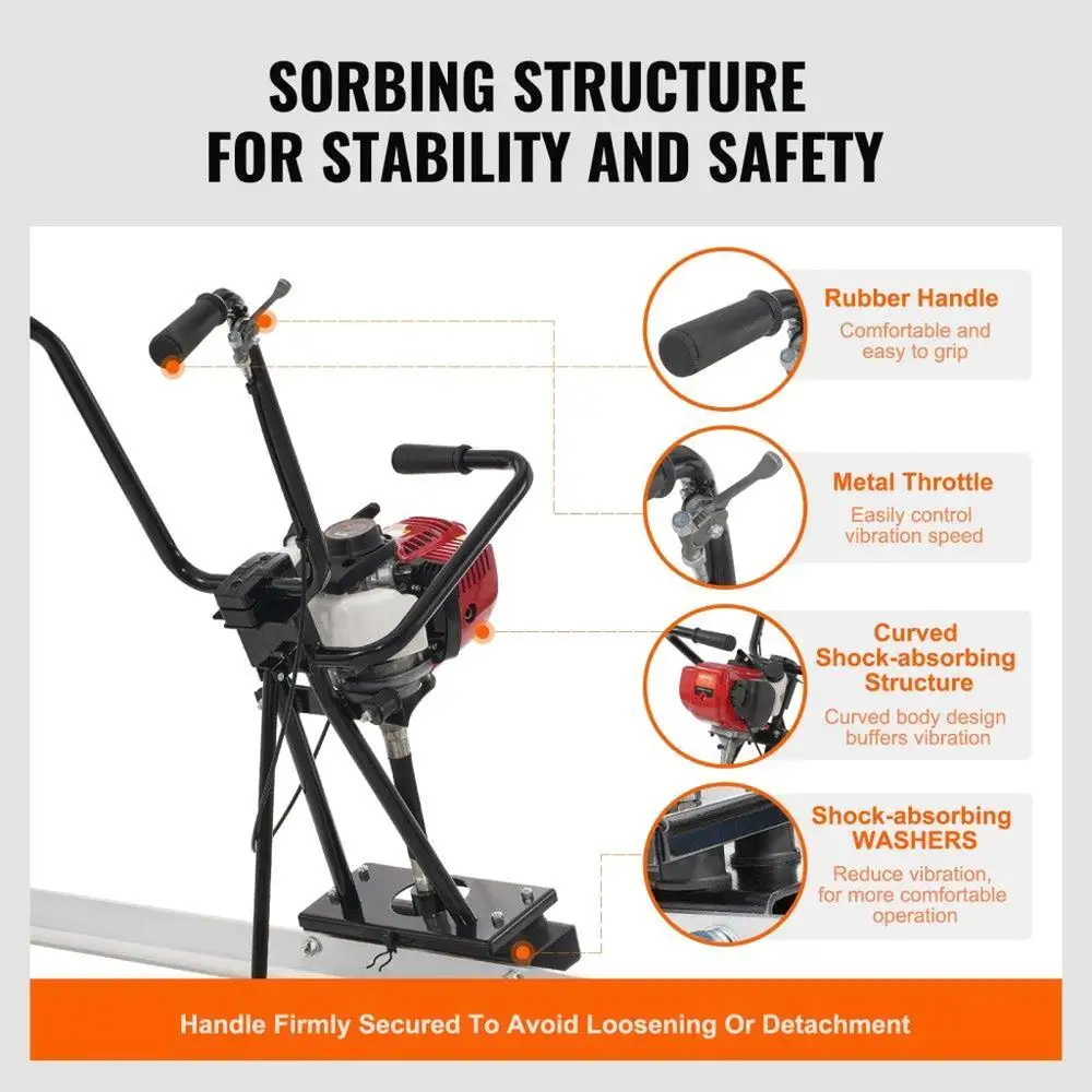 6ft Aluminum Concrete Screed Set with Gas Powered Vibrating Motor Height Adjustable Handles Efficient Finishing Tool 6500RPM