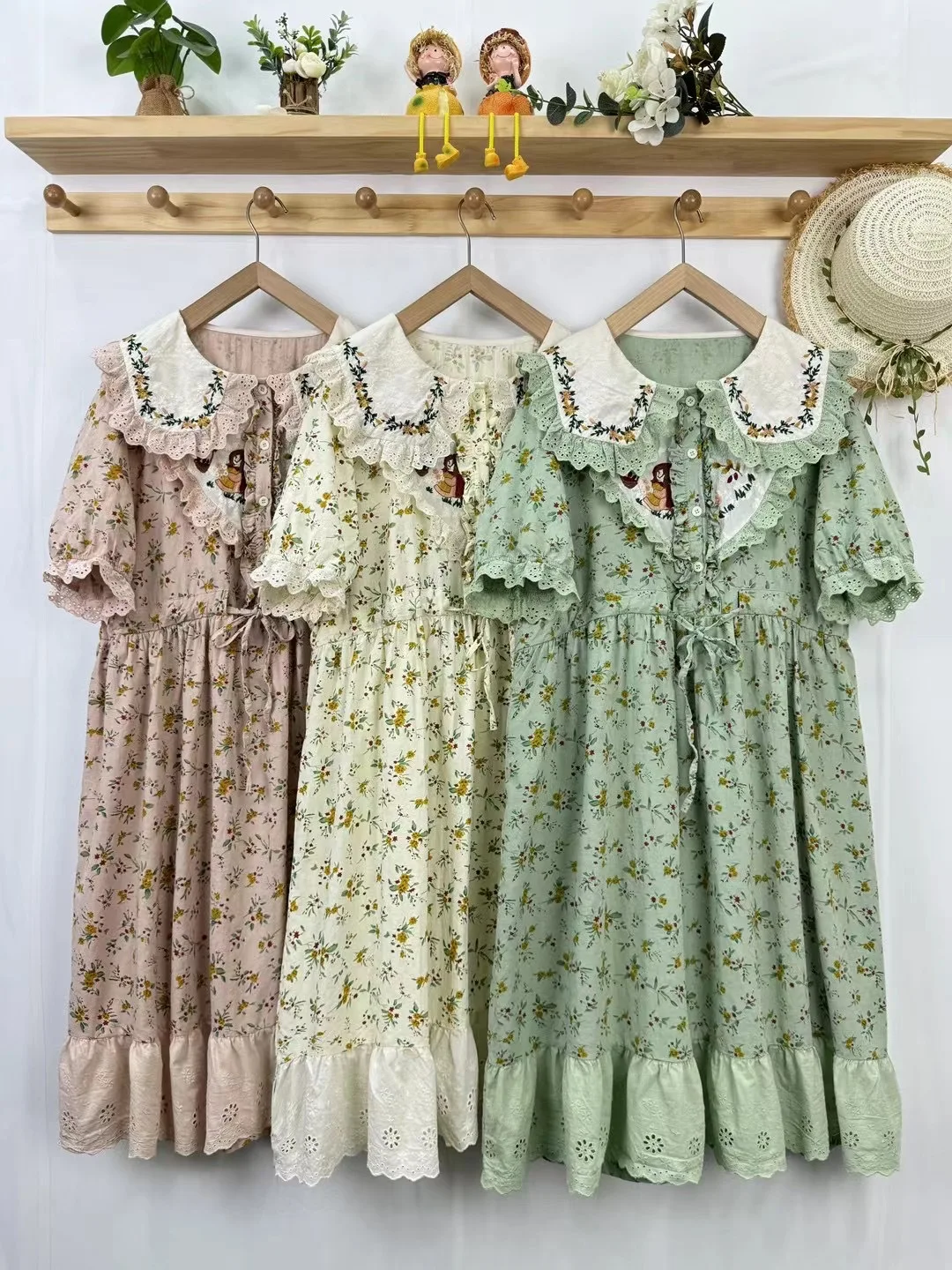 Mori Kei Clothing Japan Style Vintage Lace Patchwork Embroider Dress for Women Cotton Printed Summer Dress Lolita