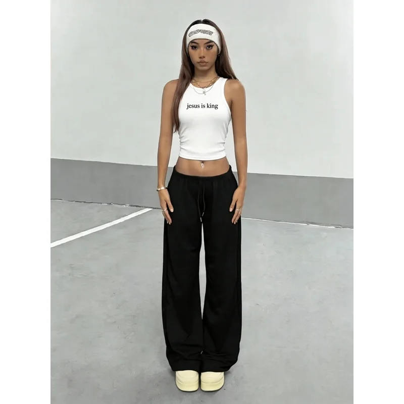 Fashionable Casual Cool Two-Piece Set Letter-Printed Short Sleeveless Vest with Black Wide-Leg Pants Niche Designed
