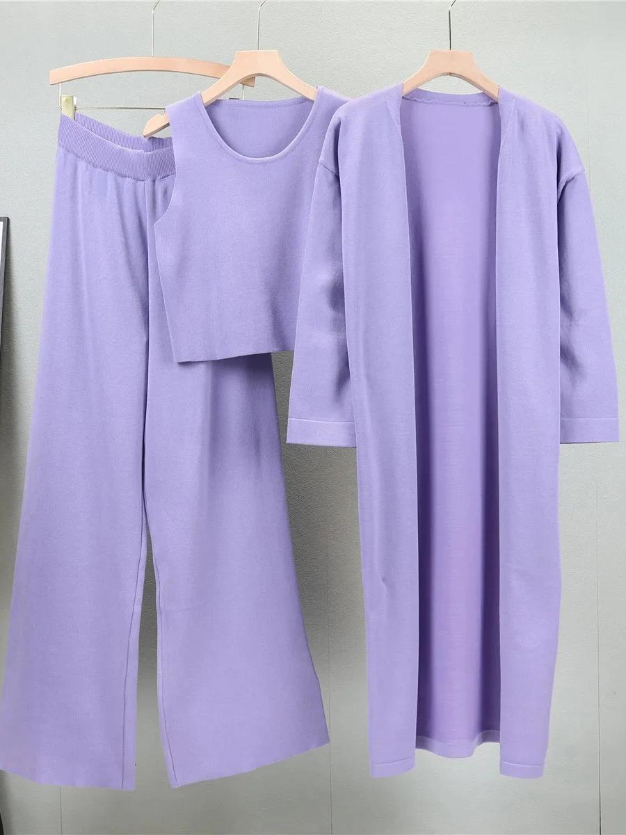 Kardigan Rompi Rajutan Celana Kaki Lebar Sweter Wanita Pakaian Ansambel Panjang Kasual Muslim Setelan Rajut Maroko Set 3 Potong Musim Dingin