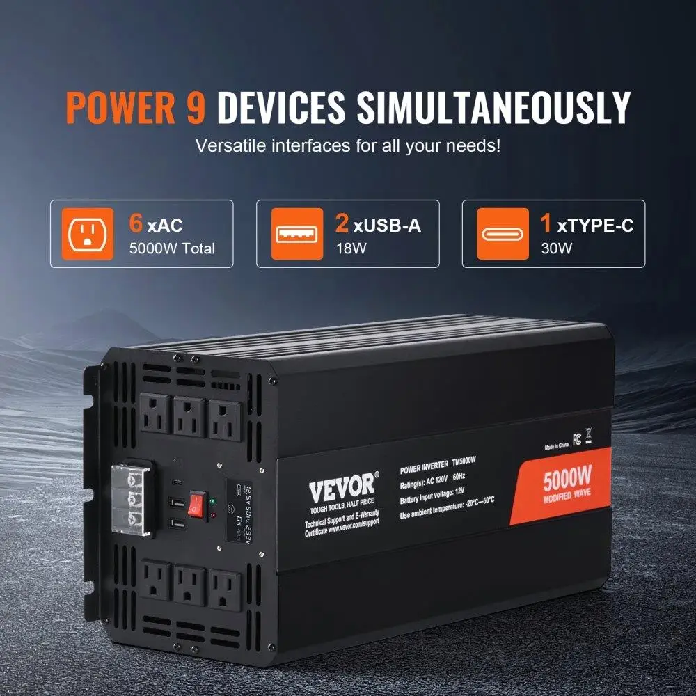 Modified Sine Wave Inverter, 5000W, DC 12V to AC 120V Power Inverter with 6 AC Outlets 2 USB Port 1 Type-C Port, LCD Display