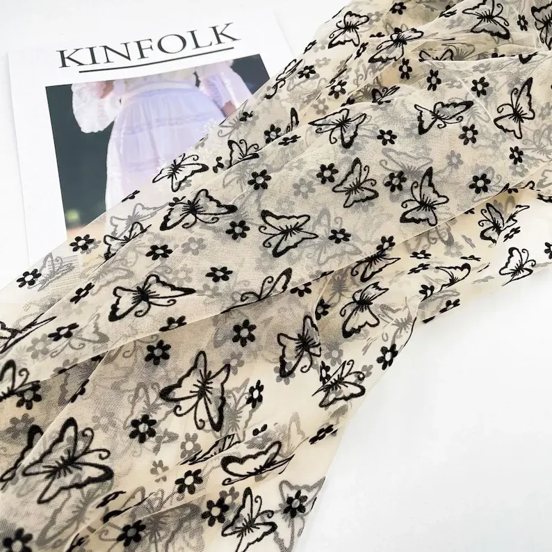 3 colores mariposa flor flocado tela de encaje mariposa flor bordado tela de tul para niña vestido tutú boda