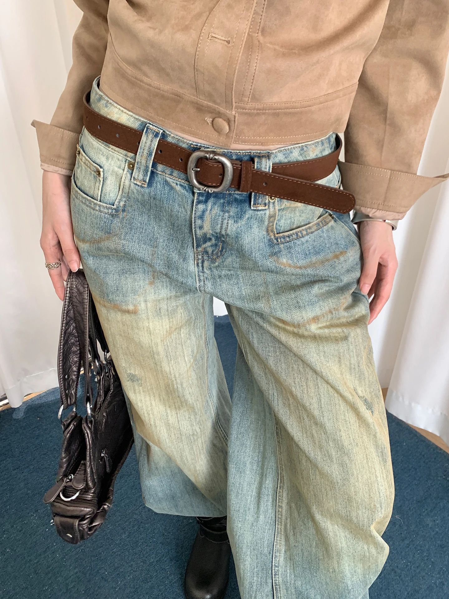 American Vintage Suede Embossed Belt Women's Designer Niche Metal Buckle Leather Belt Accessory Matching Jeans Belt