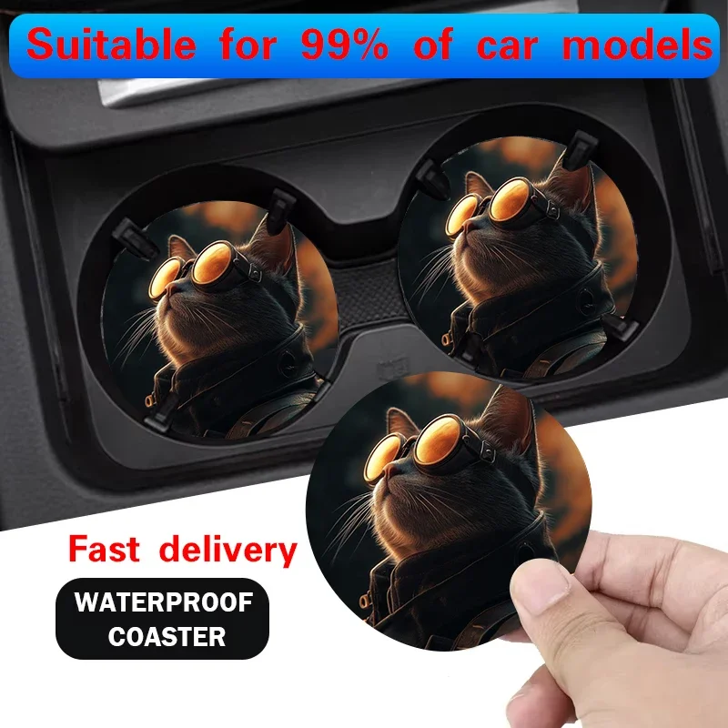 2pcs Non-Slip Car Cup Holder Mat with Stylish Cat & Glasses Design