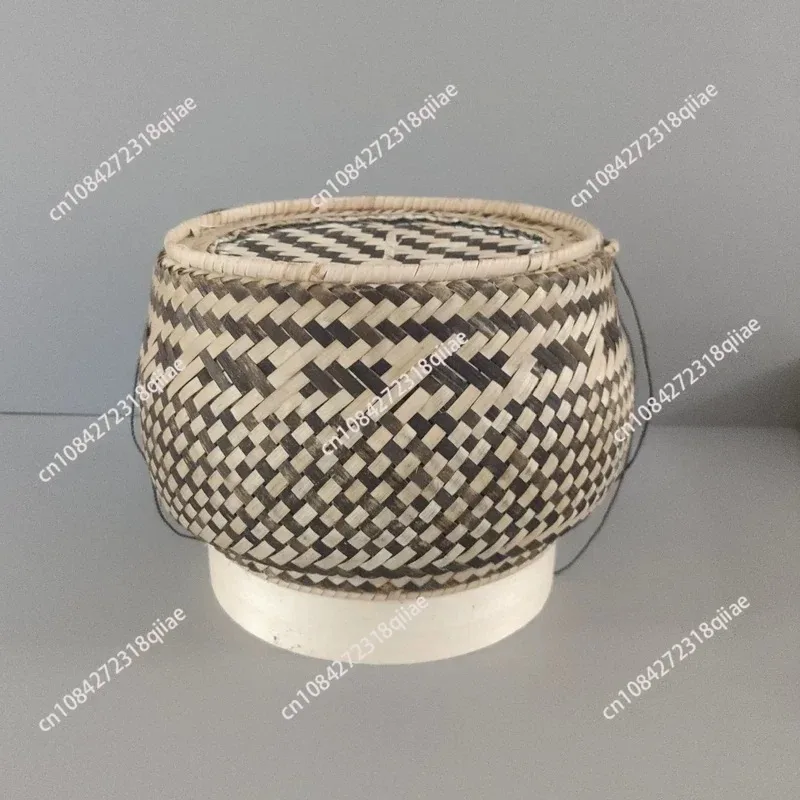Thai handmade bamboo woven basket - glutinous rice/grain storage, tea gift box, decorative ornament