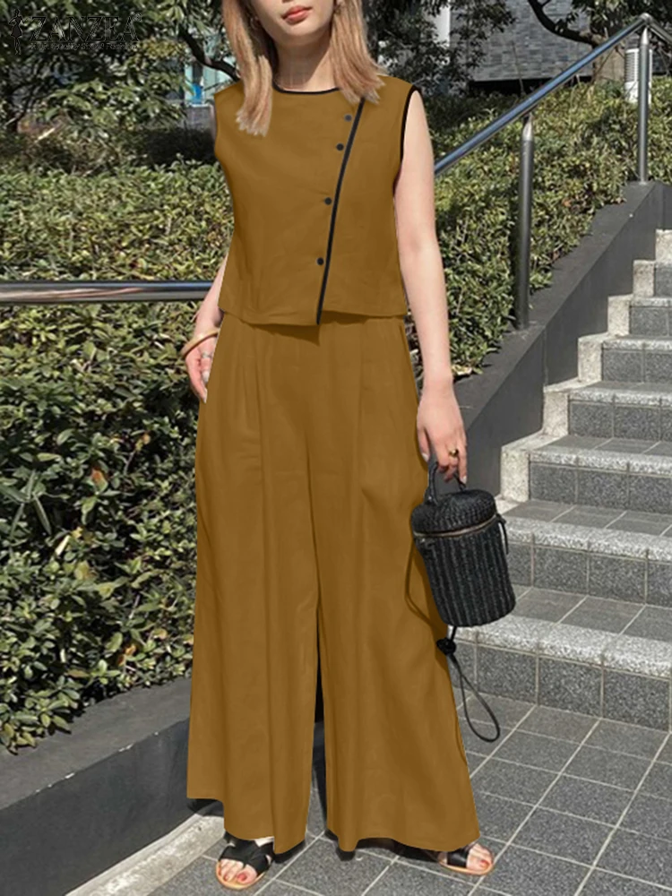 2025 ZANZEA conjuntos de pantalones de verano para mujer, conjuntos de dos piezas, blusa informal sin mangas, pantalones, traje elegante OL, chándal de trabajo, trajes de 2 uds