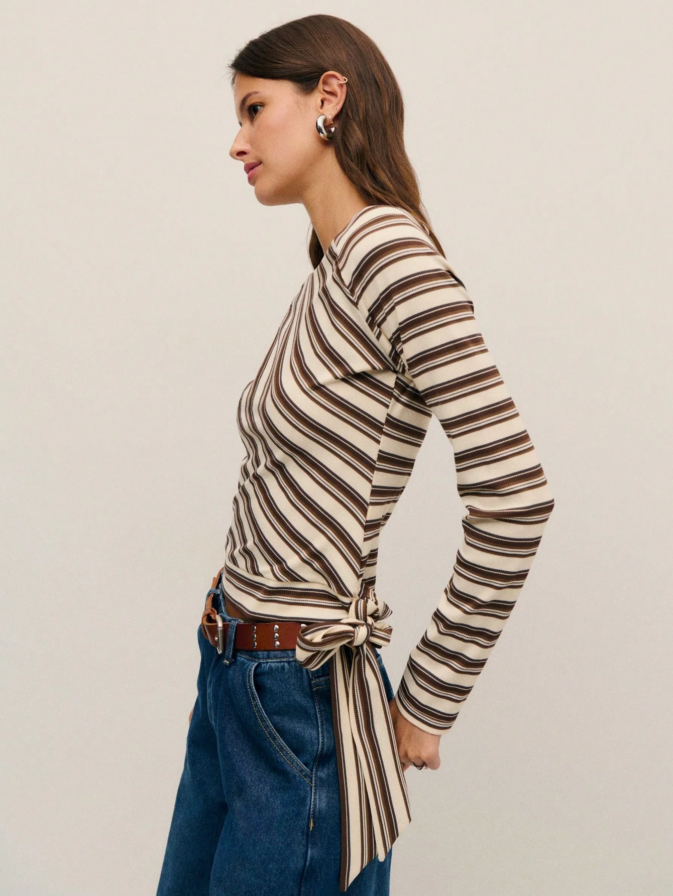 Women's striped asymmetric collar top with side bow tie, chic modern soft stretch fabric party comfortable fashion